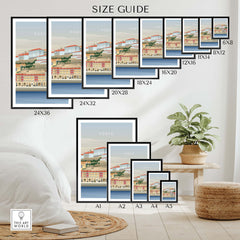 Porto Portugal wall art poster size guide with various frame sizes displayed in a cozy home setting.