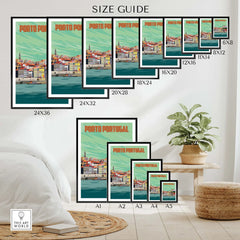 Porto Print Poster Wall Art size guide showcasing various frame sizes and styles for home decor inspiration.