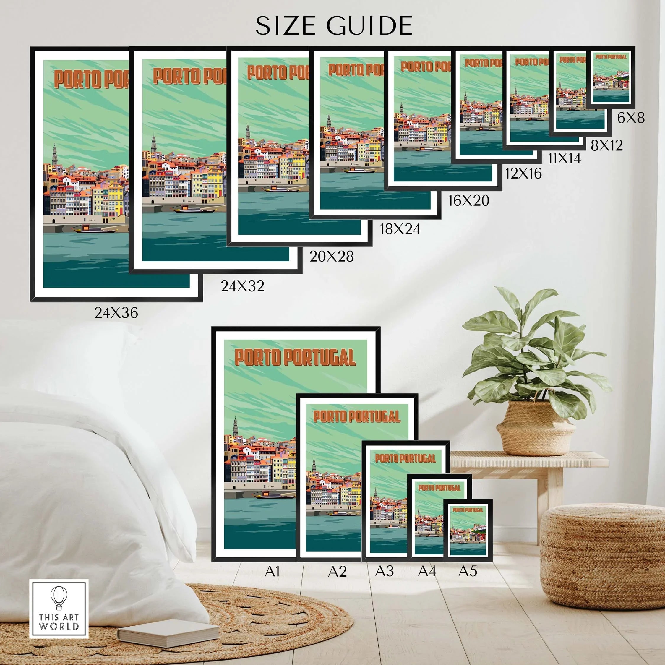 Porto Print Poster Wall Art size guide showcasing various frame sizes and styles for home decor inspiration.