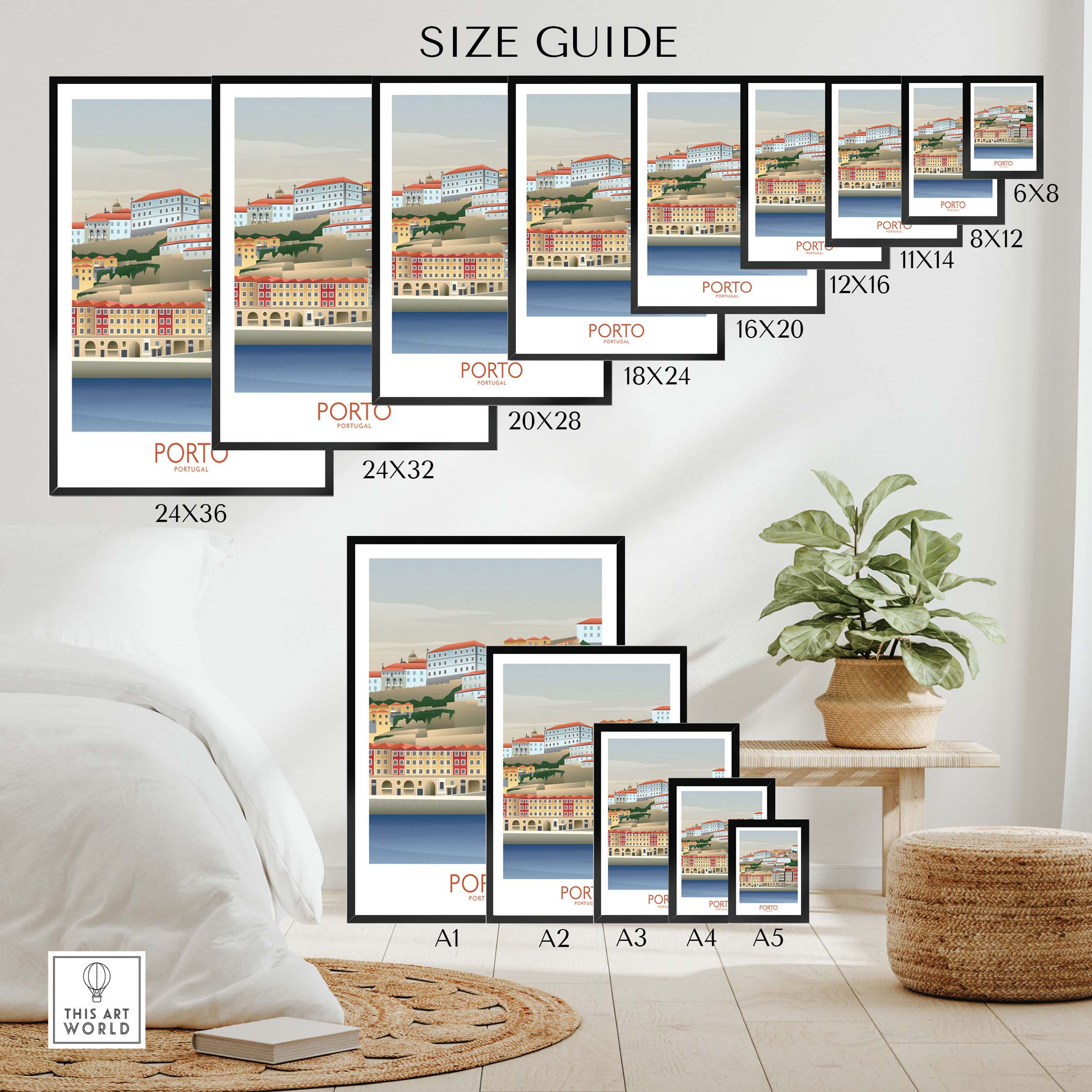 Size guide for Porto Wall Art Portugal Print showcasing various frame sizes and styles in a modern interior.
