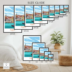 Size guide for Porto travel poster print showcasing various dimensions and a stylish interior setting.