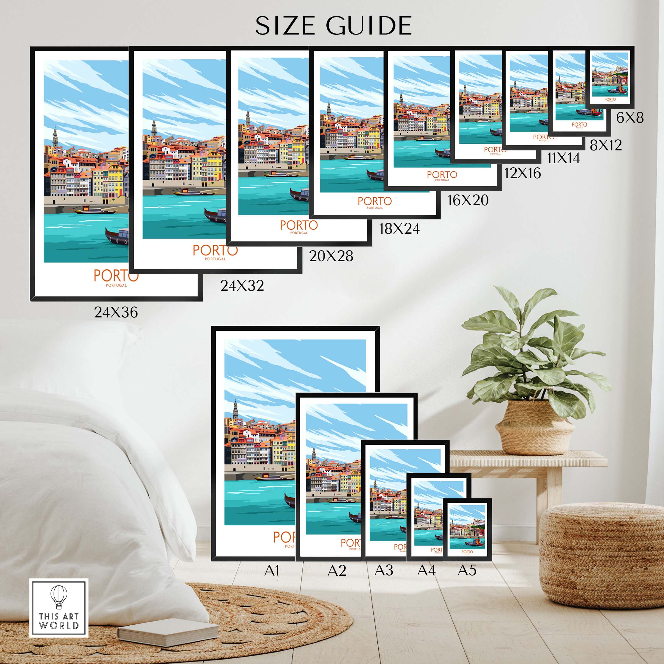 Size guide for Porto travel poster print showcasing various dimensions and a stylish interior setting.
