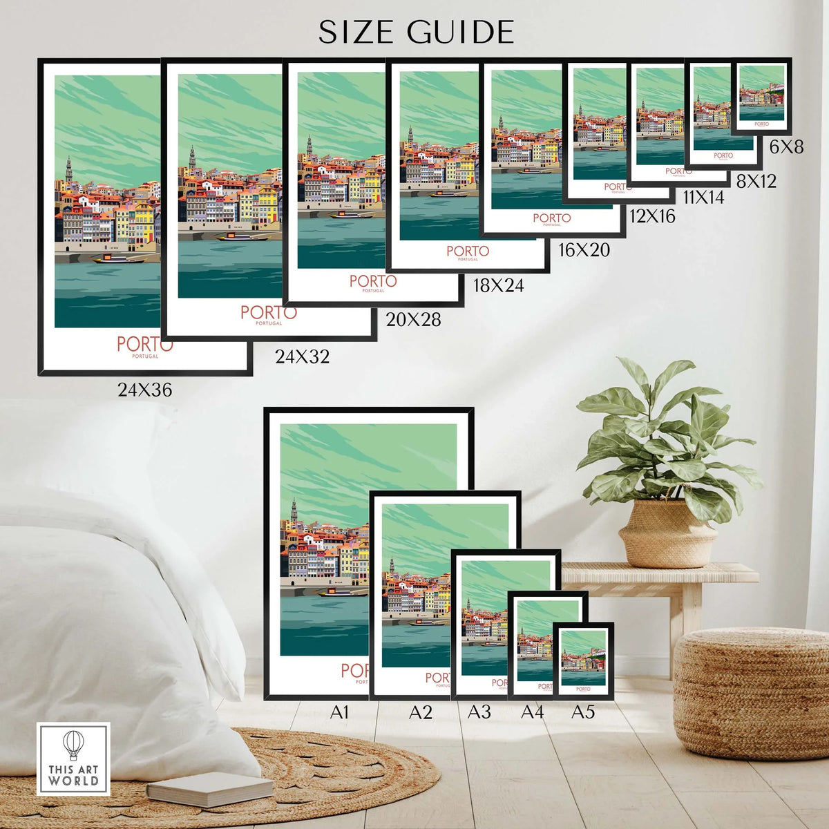 Size guide showing various framed options of Porto Portugal Travel Poster for wall art.