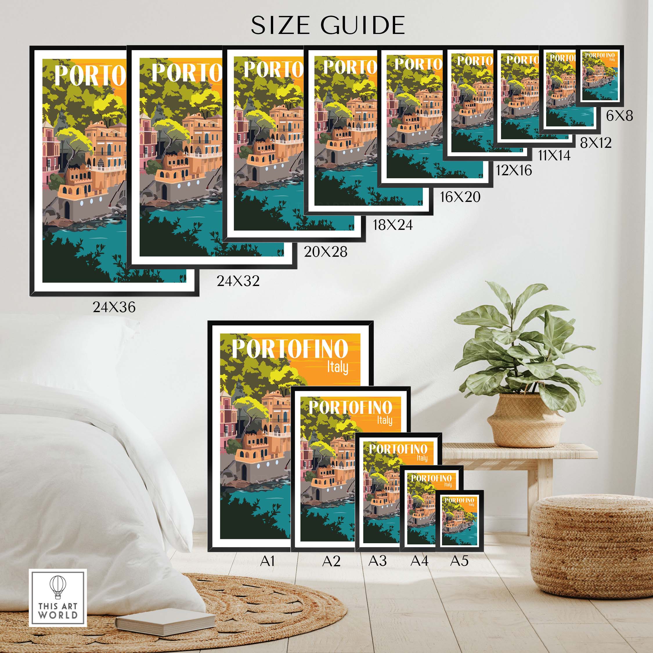 Size guide for Portofino Print Poster Wall Art displaying various frame dimensions and styles in a stylish interior setting.