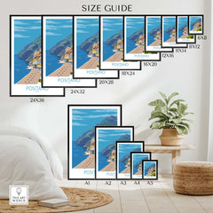 Size guide for Positano Print Travel Poster showcasing various frame sizes and beach artwork layout.