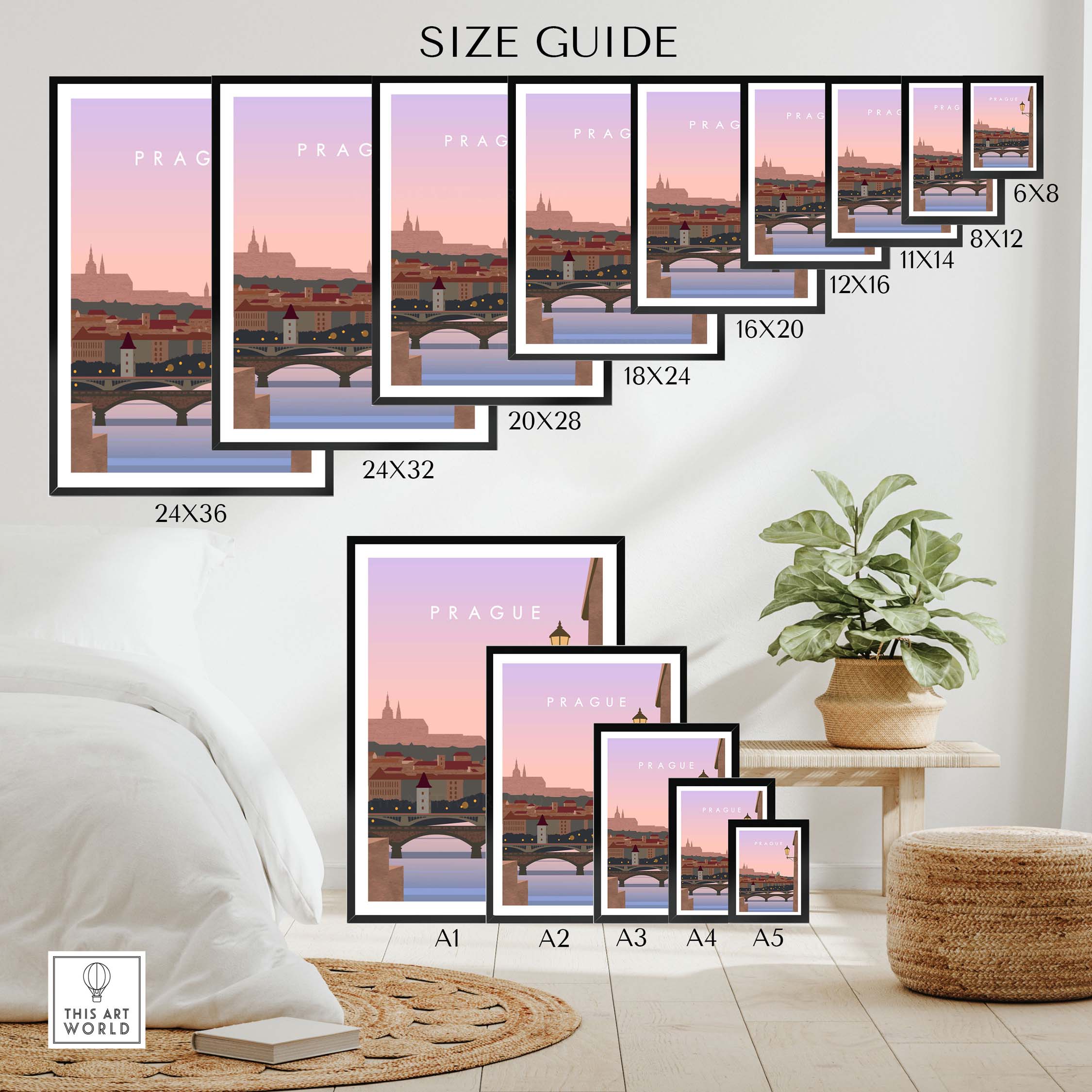 Size guide for Prague Print Wall Art Poster showcasing various frame sizes in a stylish home setting.