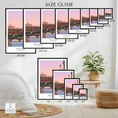Size guide for Prague Print Travel Posters, showcasing various frame sizes and options for wall art in a home setting.