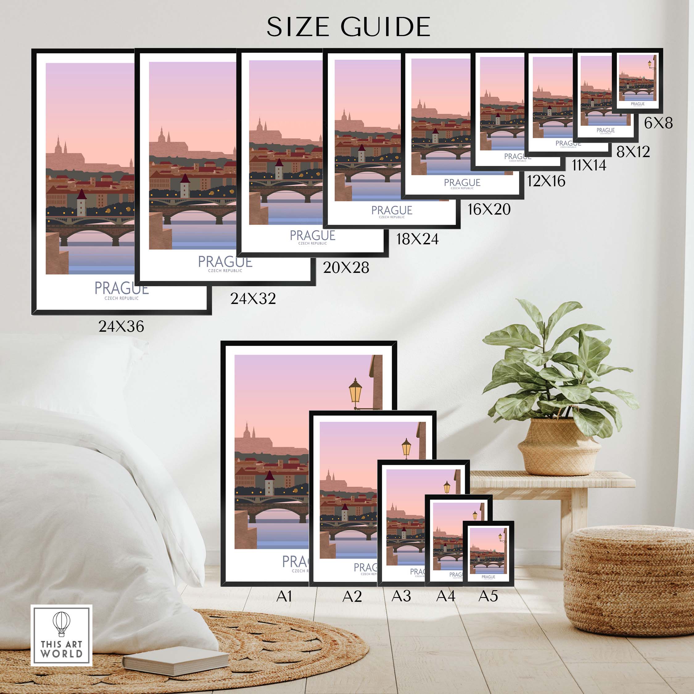 Size guide for Prague Print Travel Posters, showcasing various frame sizes and options for wall art in a home setting.