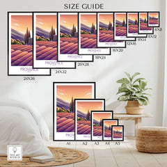 Provence Poster France Travel Print size guide for home decor options with framed and unframed prints displayed.