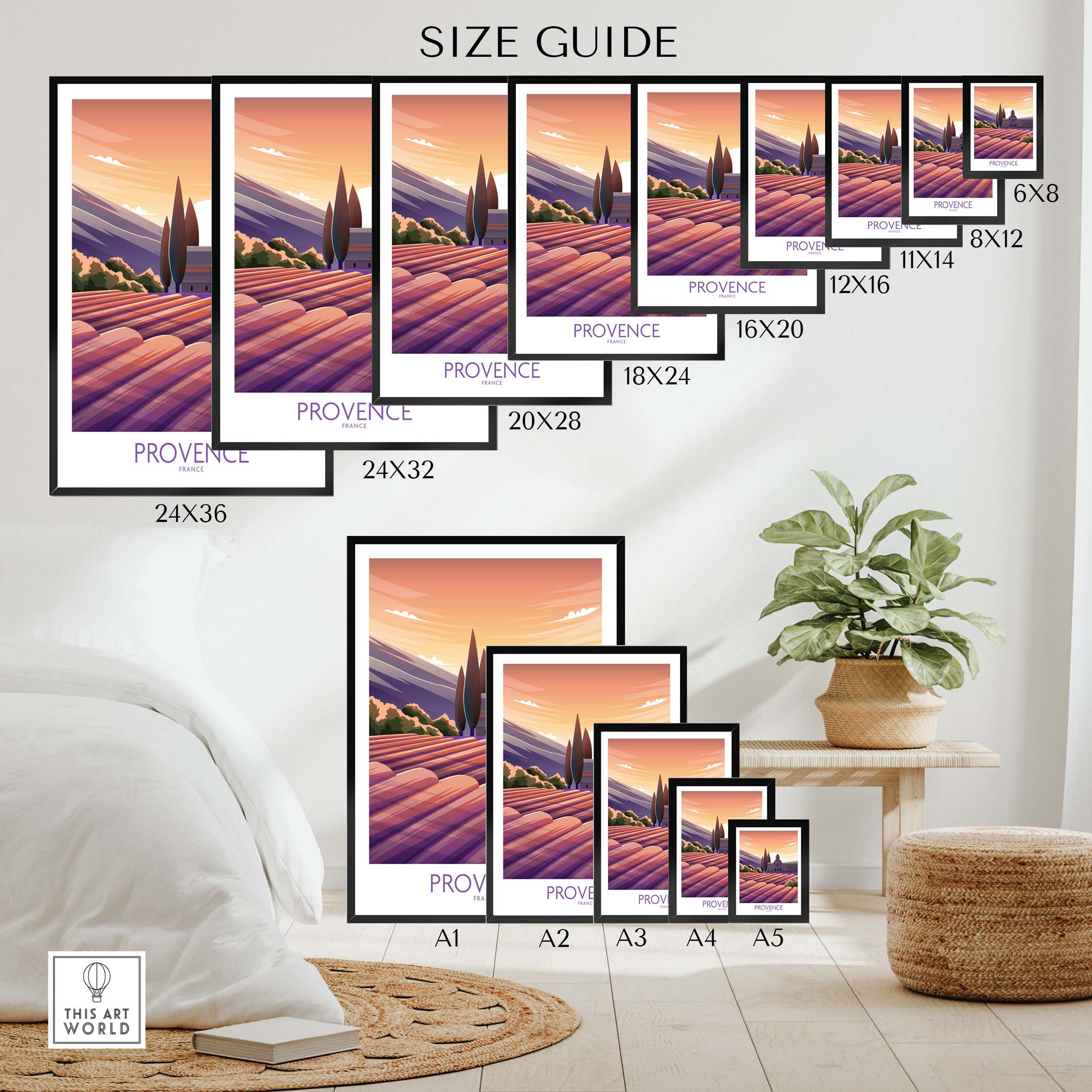Provence Poster France Travel Print size guide for home decor options with framed and unframed prints displayed.