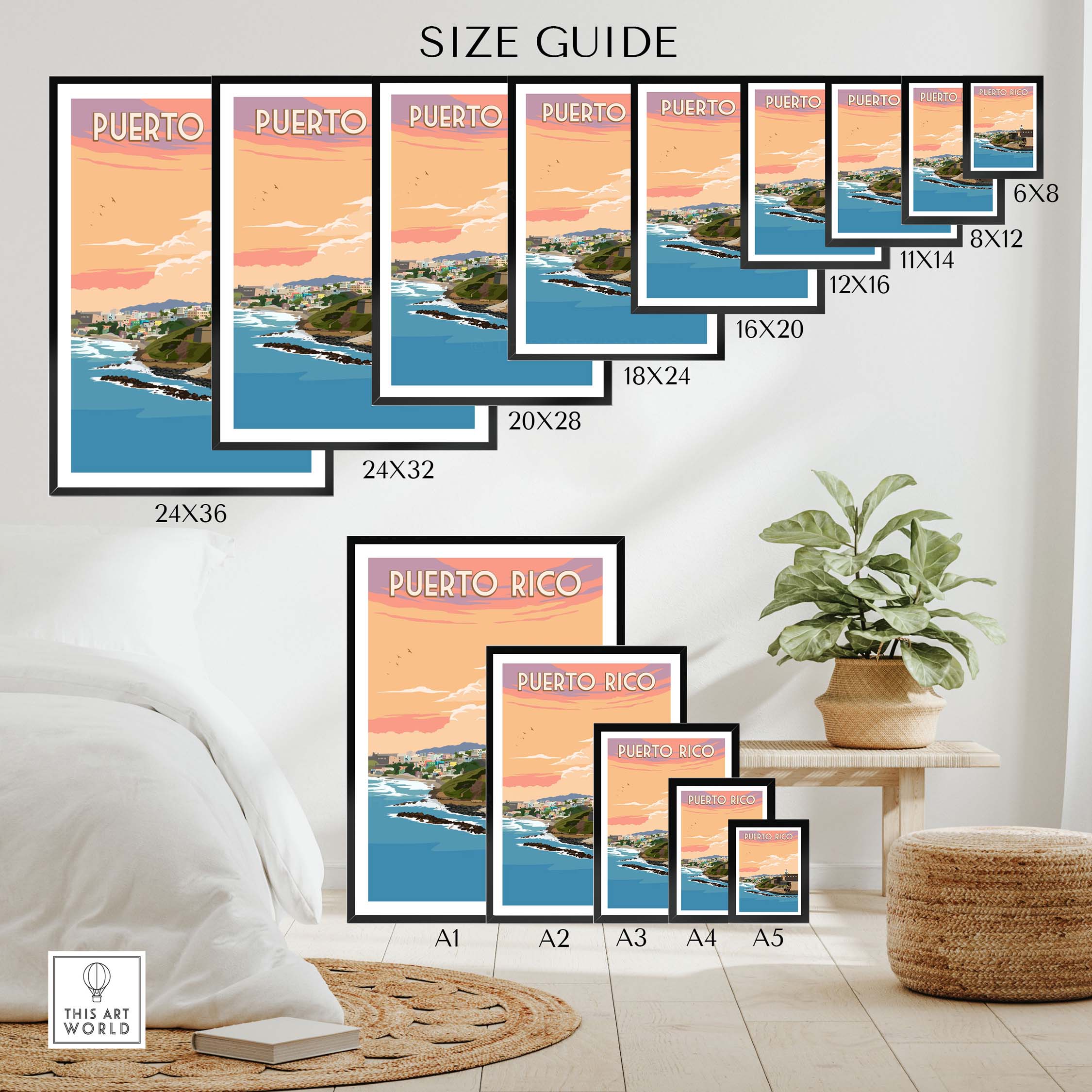 Size guide for Puerto Rico Wall Art San Juan prints showing various frame sizes in a stylish interior setting.