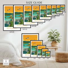 Size guide for Rio Brazil poster prints showing various frame sizes and the artwork's appealing design.