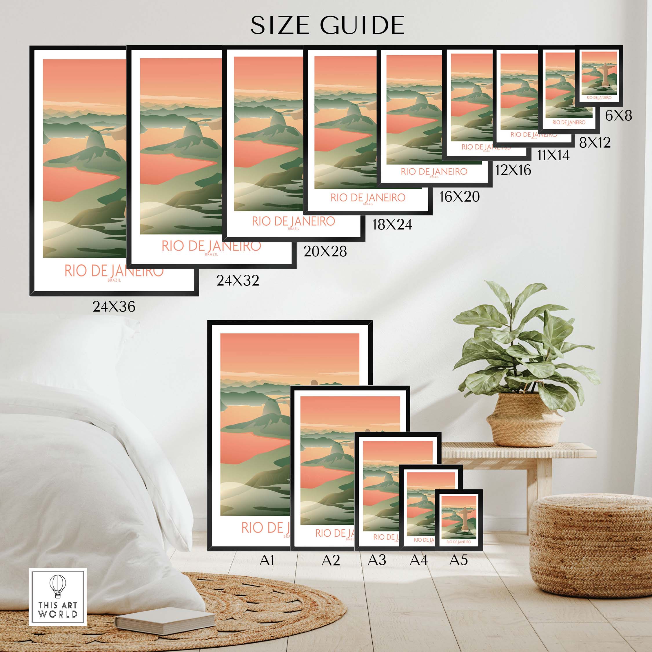 Size guide for Rio de Janeiro Wall Art prints showing various frame sizes and designs ideal for home decor.