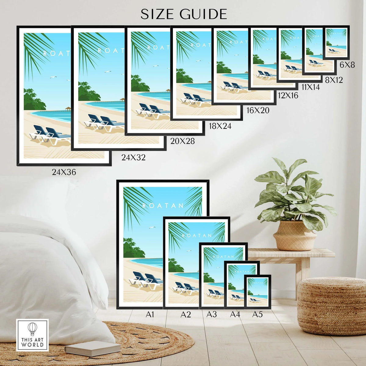 Size guide for Roatan Art Print options, showcasing various frame sizes and poster styles for home decor.