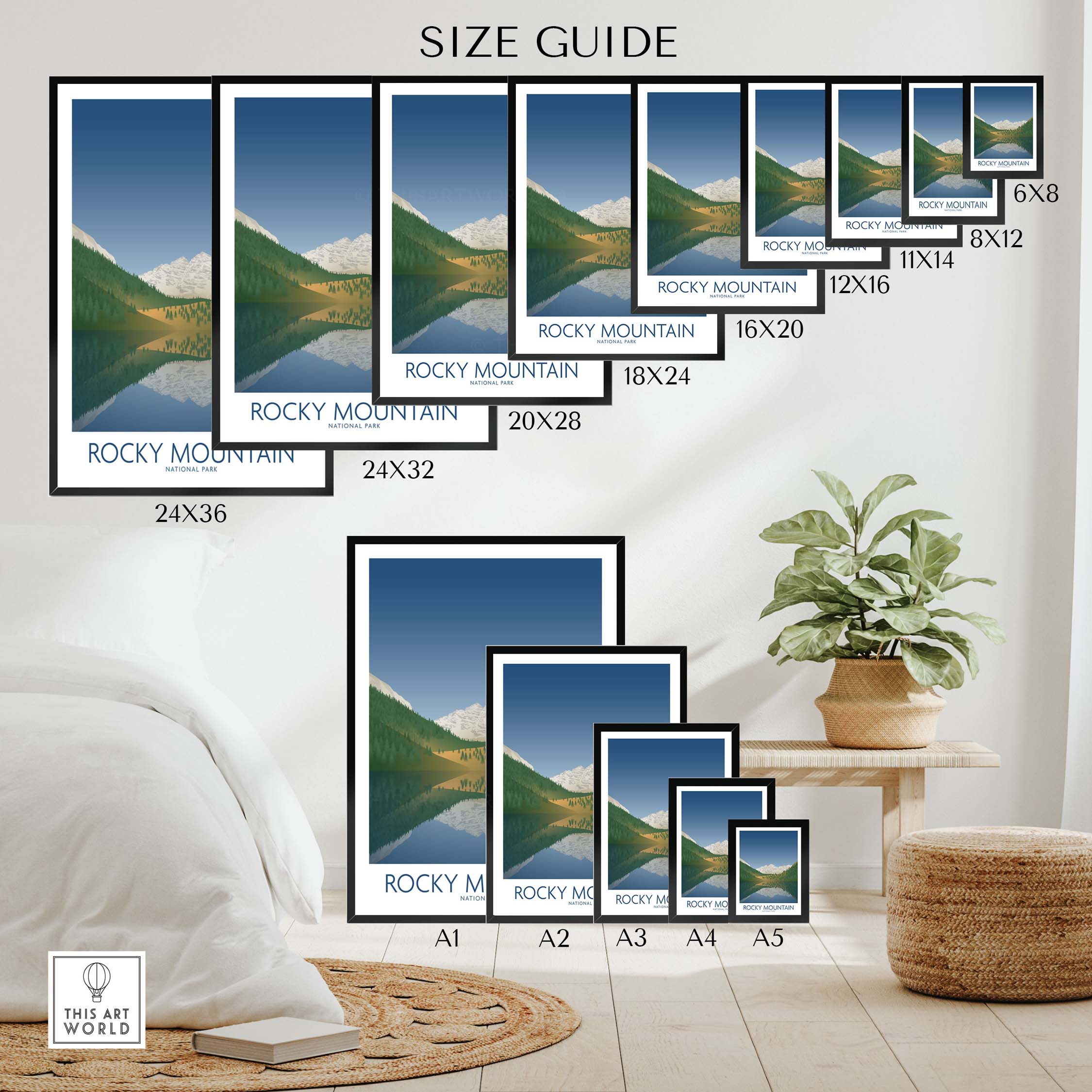 Size guide for Rocky Mountain National Park art prints in various frame sizes and styles, displayed in a stylish setting.