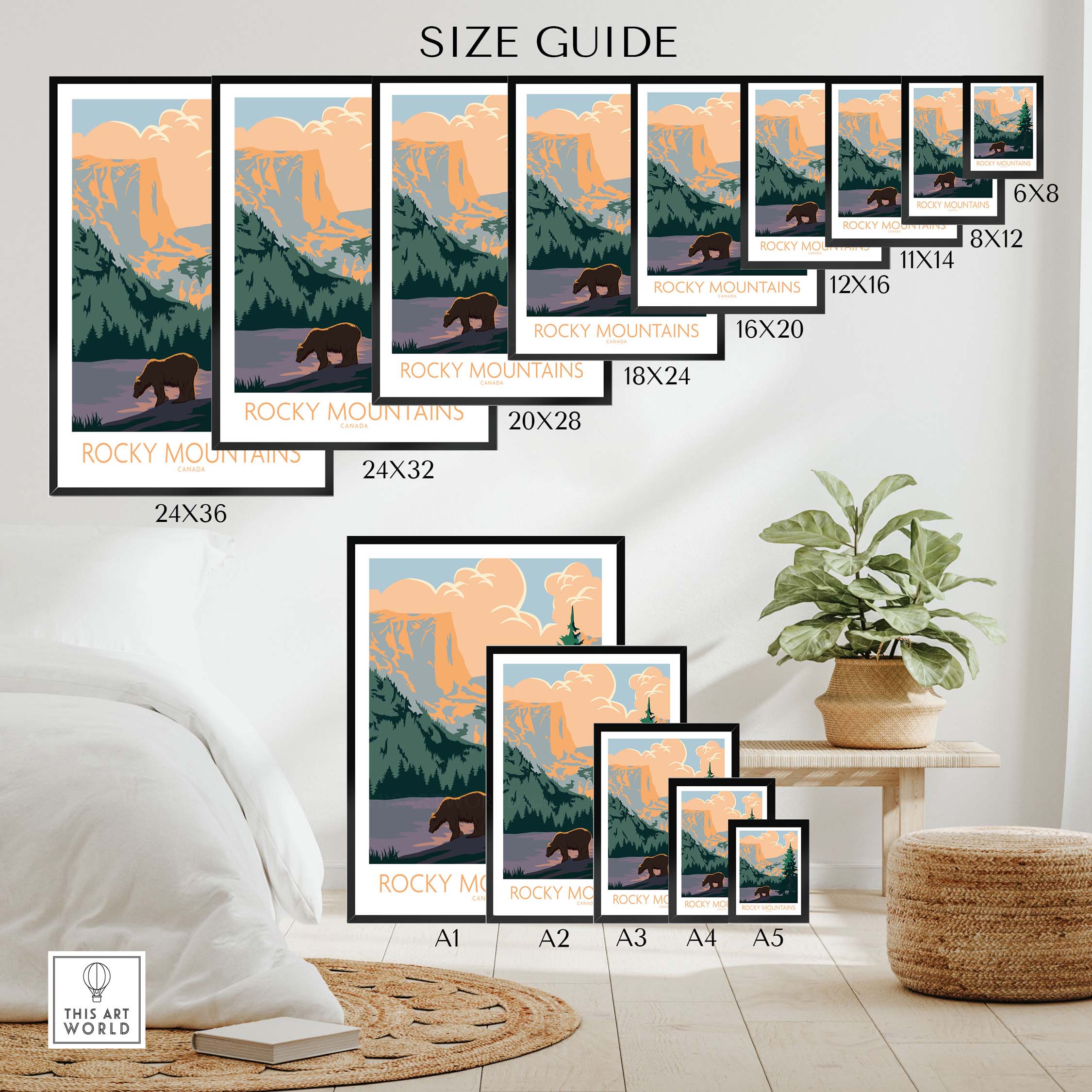 Size guide for Rocky Mountains Canada poster showcasing various frame sizes and wall art options.