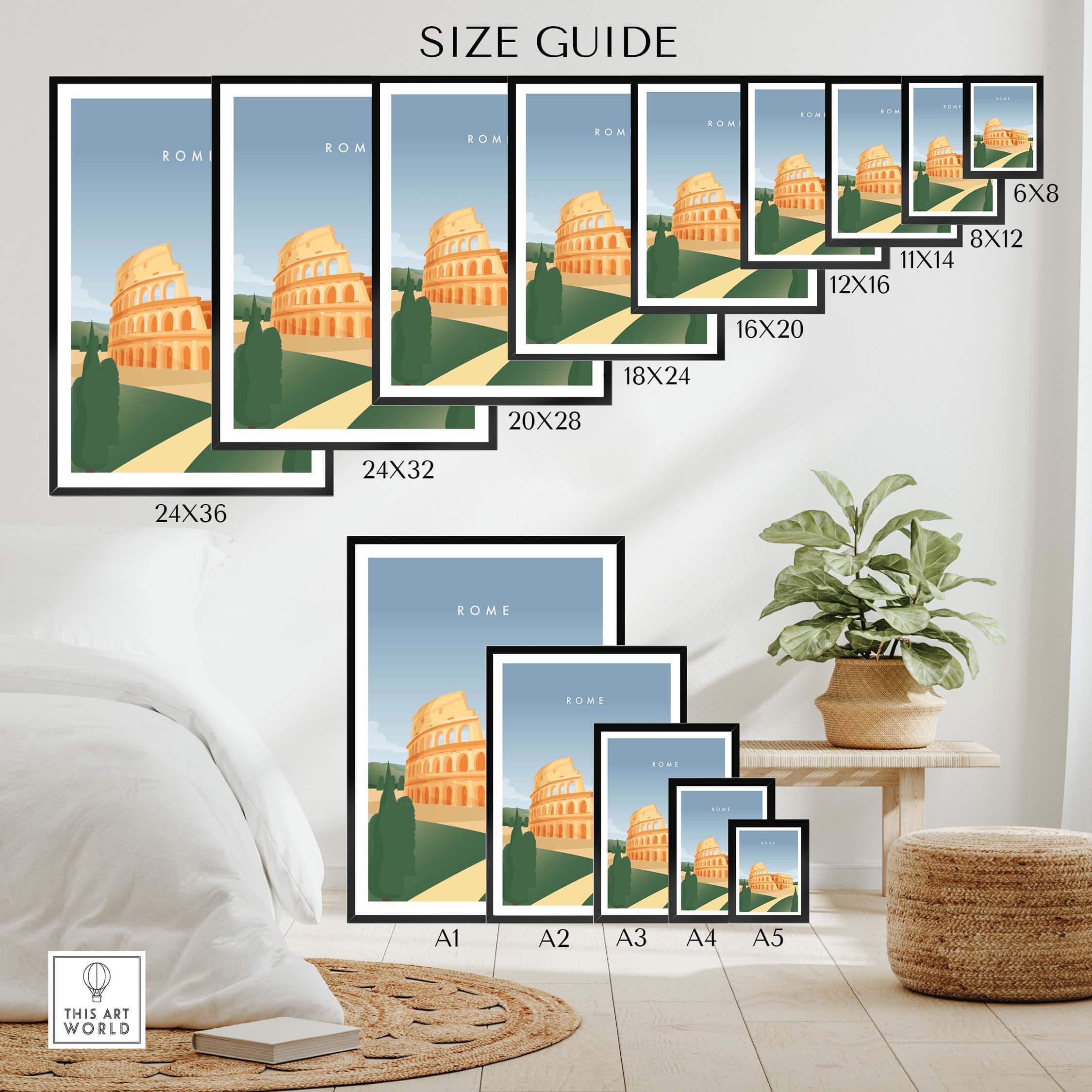 Size guide for Rome Wall Art Posters showcasing various dimensions for framed and unframed prints in a stylish interior setting.