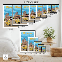 Rome print poster wall art size guide with multiple frame options displayed in a stylish interior setting.