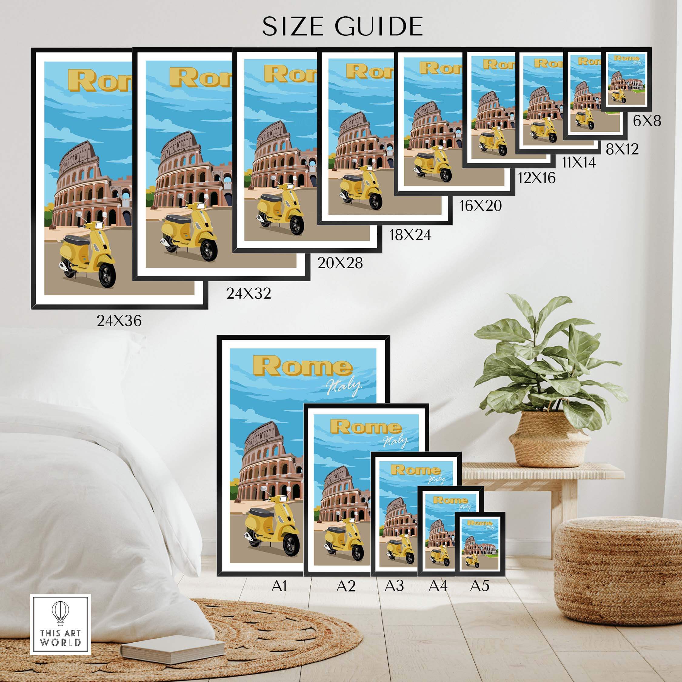 Rome print poster wall art size guide with multiple frame options displayed in a stylish interior setting.