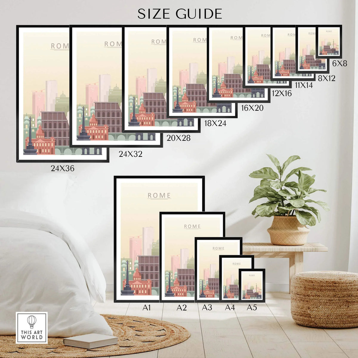Size guide for Rome City Skyline Print Wall Art in various dimensions framed and unframed on a stylish interior backdrop.