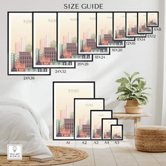 Size guide for Rome City Skyline Print Wall Art in various dimensions framed and unframed on a stylish interior backdrop.