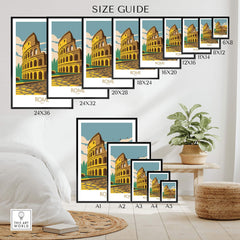 Size guide for Rome vintage travel print showing various frame sizes with Colosseum illustration.
