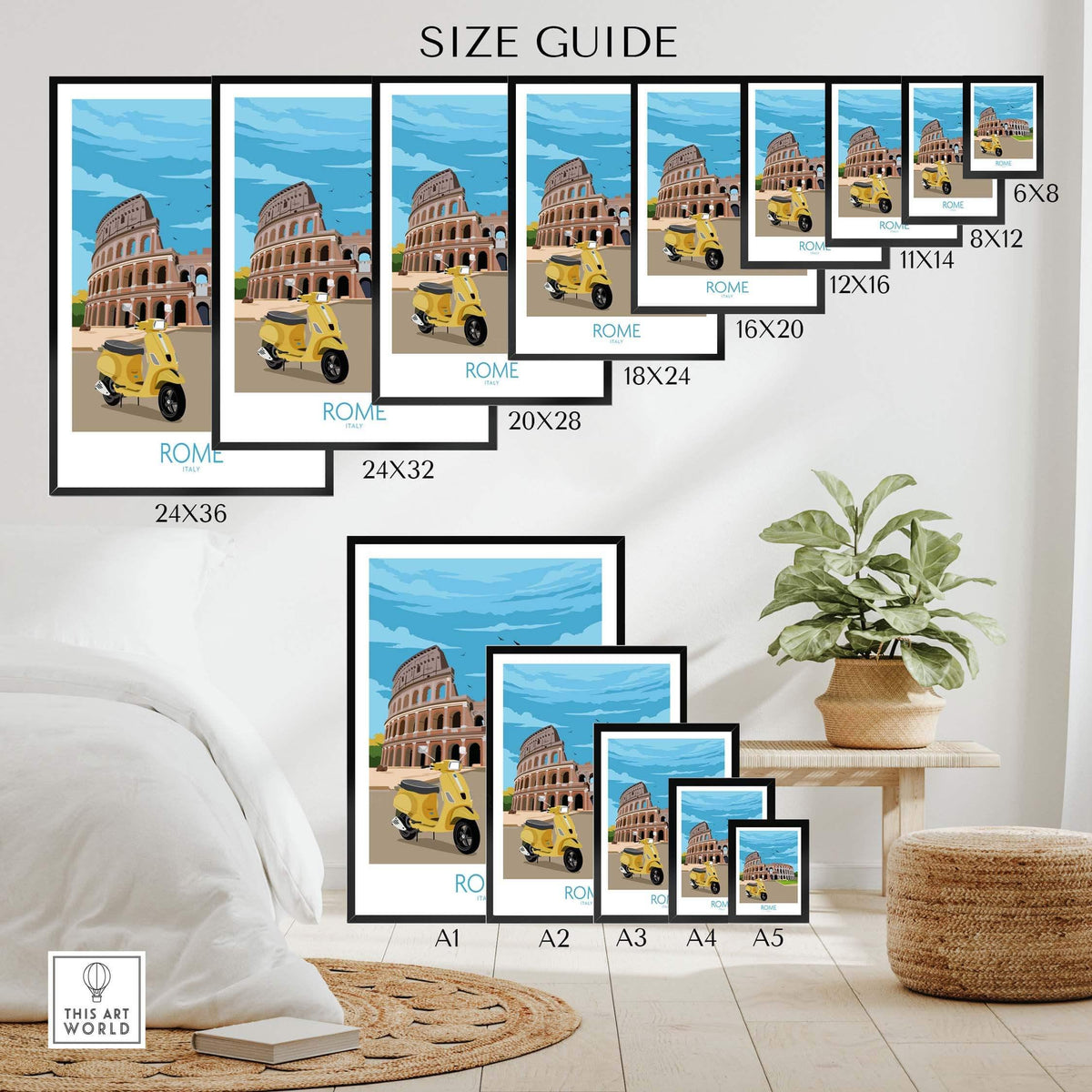 Size guide for Rome travel poster prints showcasing various dimensions and designs featuring the Colosseum and vintage scooter.