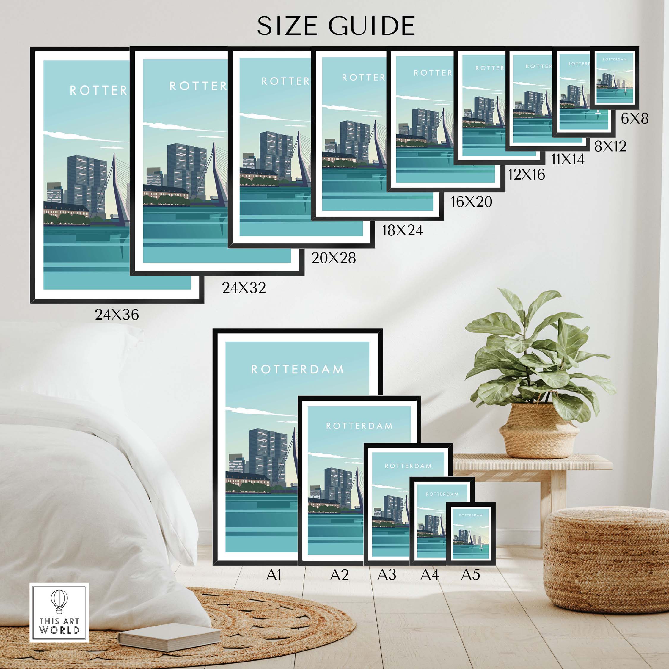Size guide for Rotterdam Print Wall Art Poster in various dimensions framed and unframed with stylish interior decor.