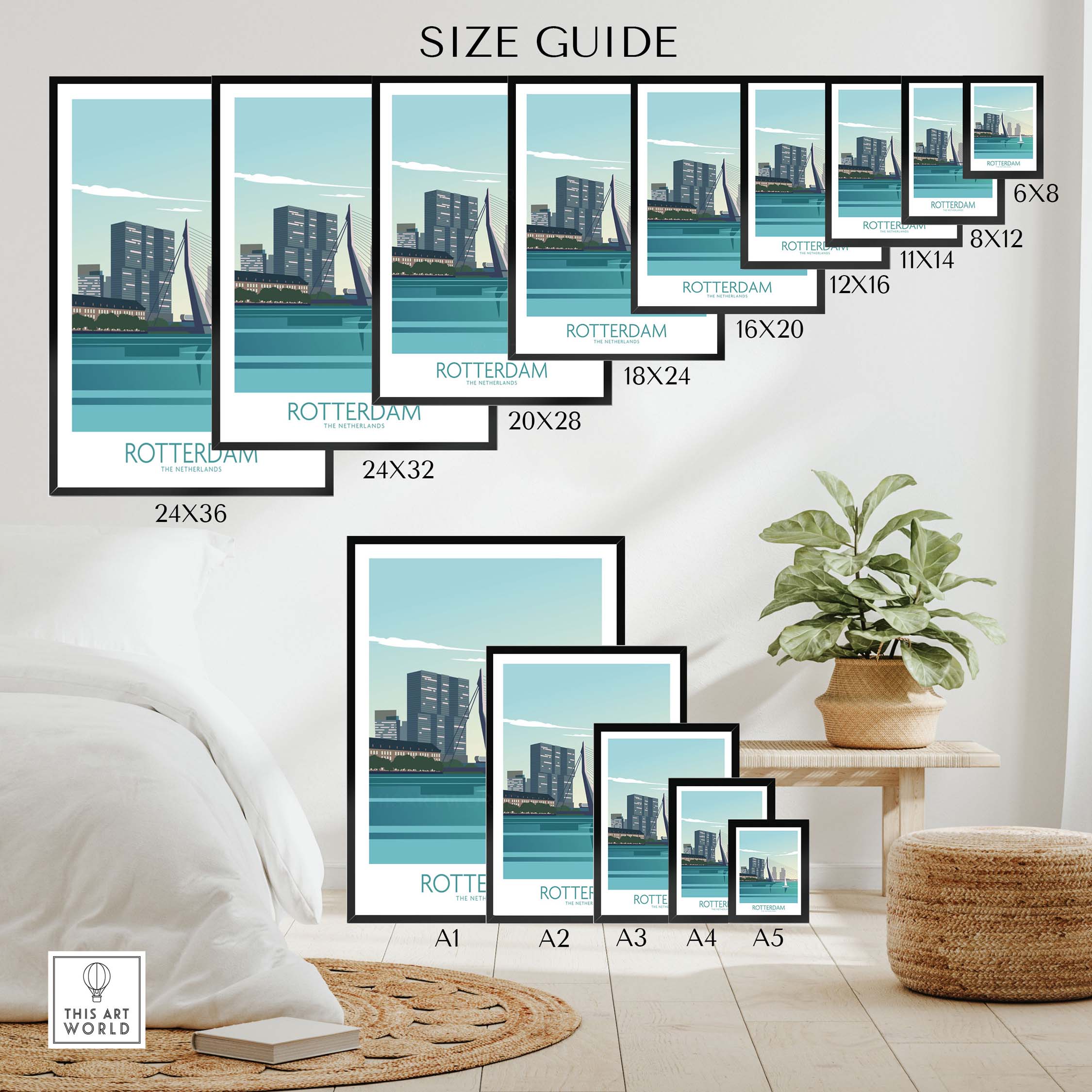 Rotterdam poster size guide showcasing various frame sizes for stylish wall art options.