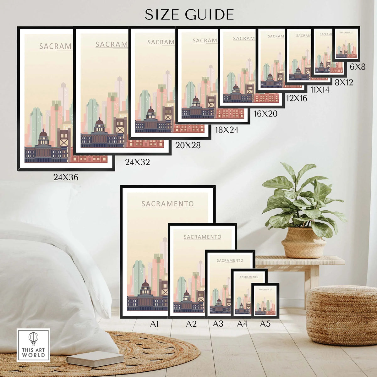 Size guide for Sacramento Skyline Poster, showcasing various frame sizes and pastel city skyline design.