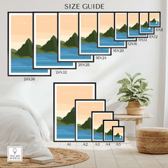 Saint Lucia Wall Art Print size guide showcasing various frame sizes in a stylish home setting.