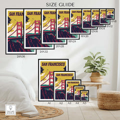 San Francisco Poster Wall Art Print size guide showcasing various frame sizes and designs featuring the Golden Gate Bridge.