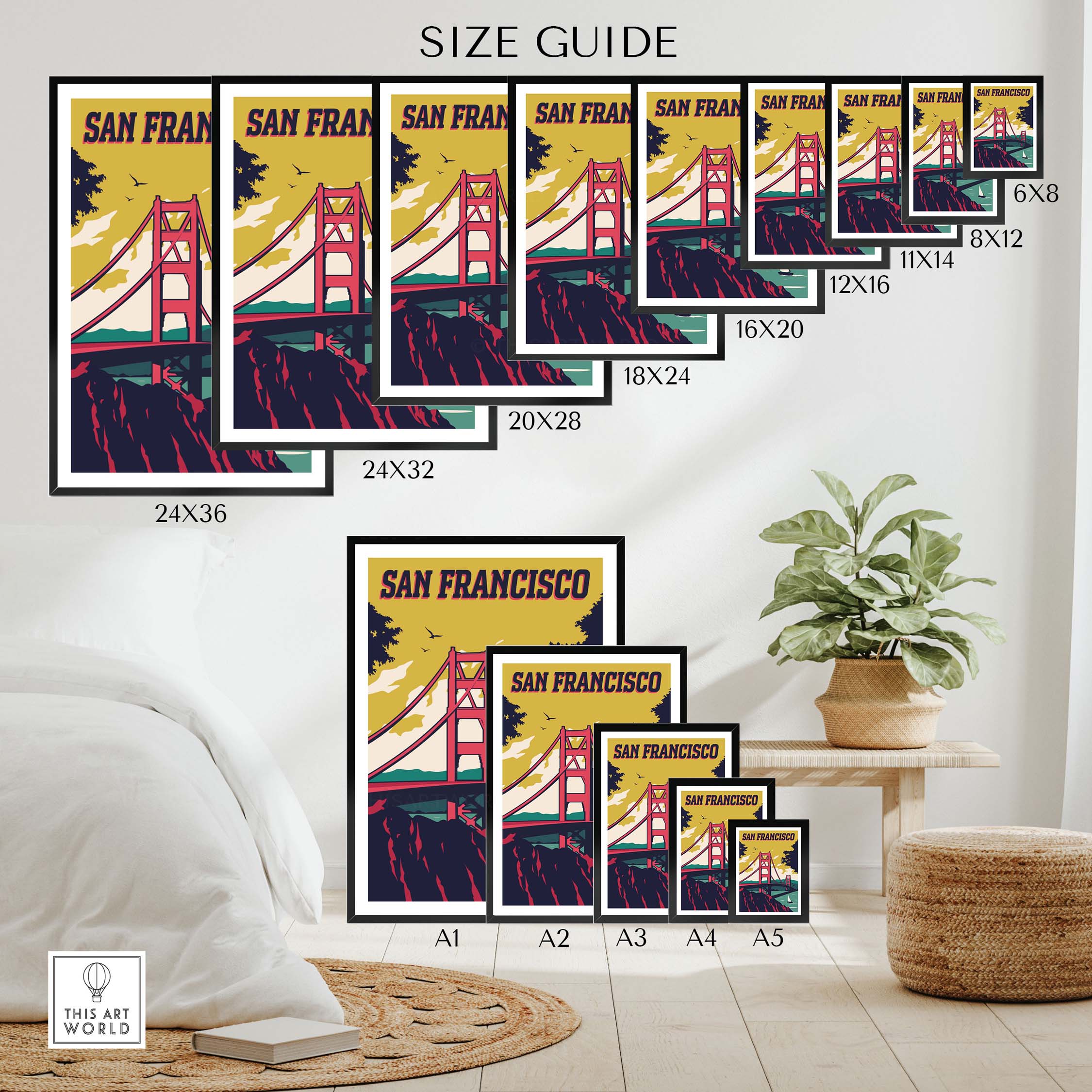 San Francisco Poster Wall Art Print size guide showcasing various frame sizes and designs featuring the Golden Gate Bridge.