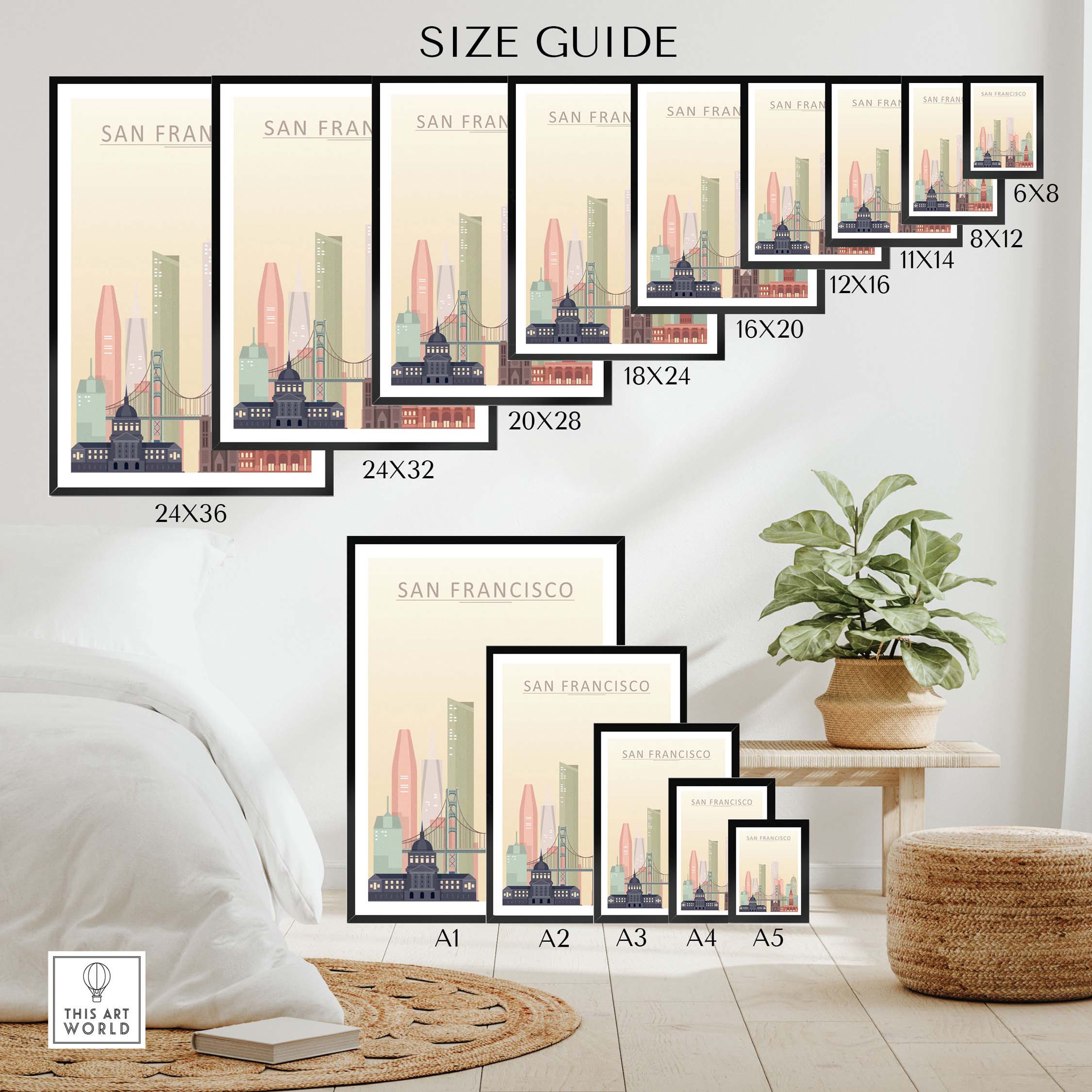 Size guide for San Francisco City Skyline Print showing various frame sizes and design options in pastel tones.