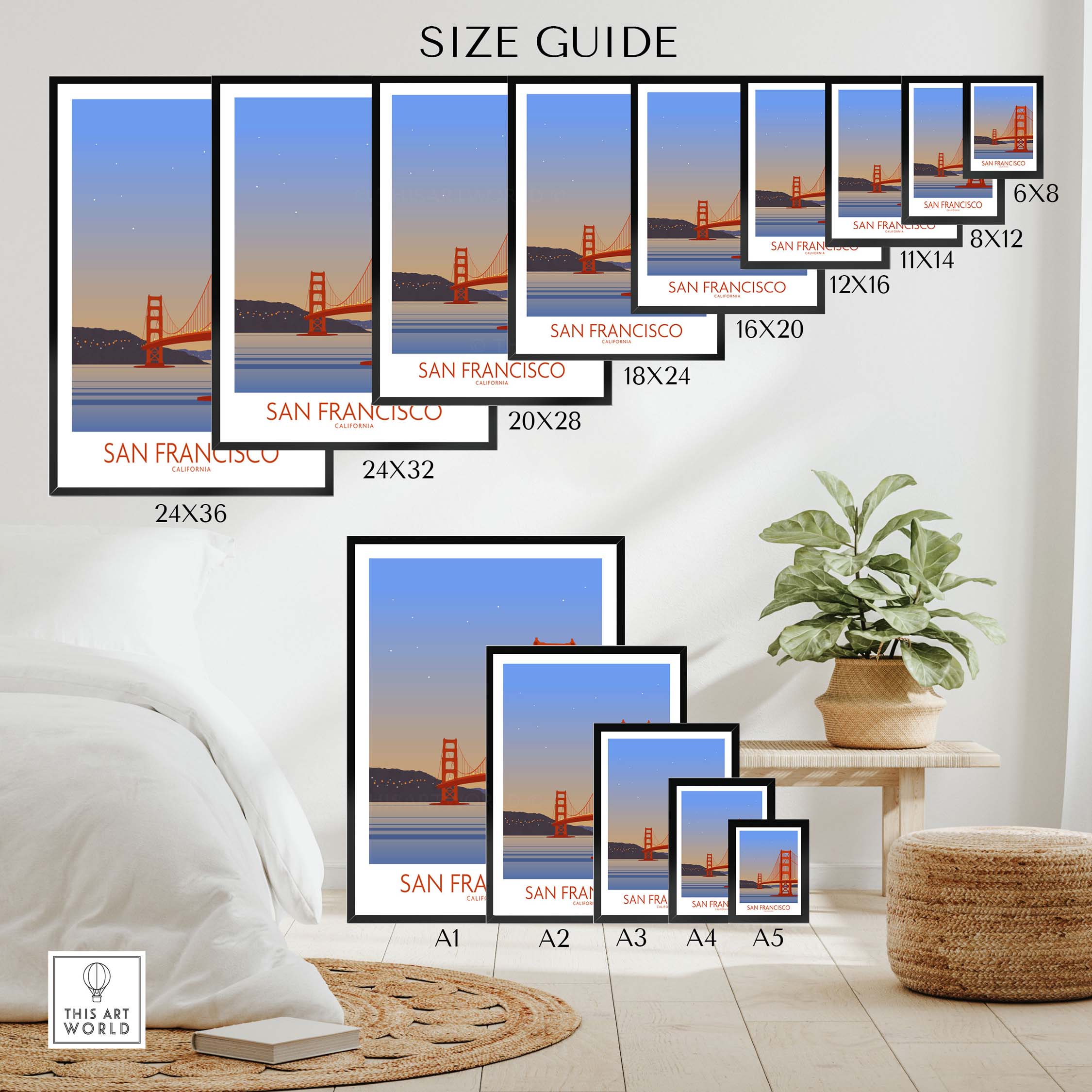 San Francisco Print Poster size guide displaying various frame options and dimensions for home decor.