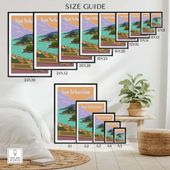 Size guide for San Sebastian Spain poster prints showcasing various frame sizes in a stylish setting.