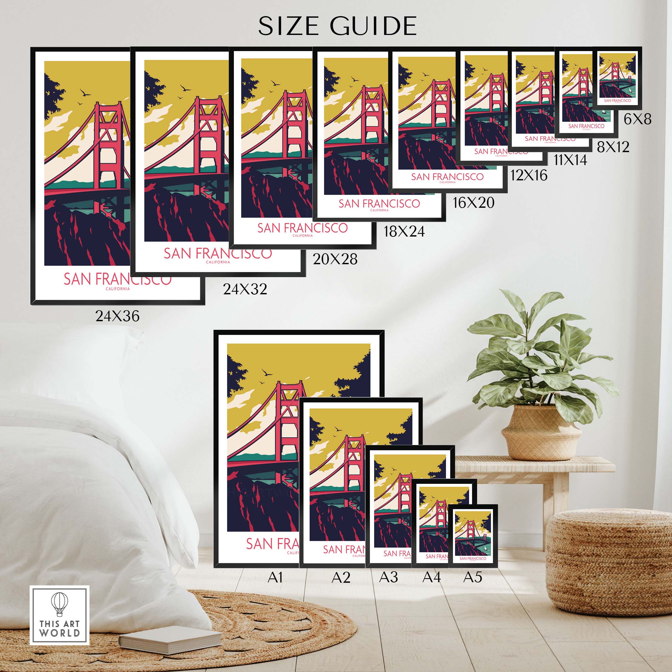 Size guide for San Francisco Poster Print showing various frame sizes and styles.