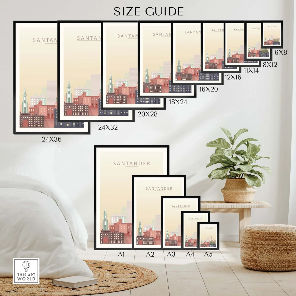Size guide for Santander City Skyline Wall Art Print showcasing different frame sizes in a modern living room setting.