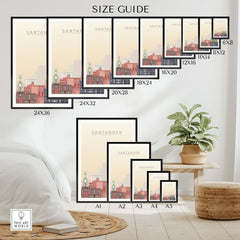 Size guide for Santander City Skyline Wall Art Print showcasing different frame sizes in a modern living room setting.