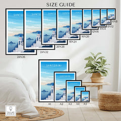 Size guide for Santorini print wall art showing various frame sizes and styles in a modern interior setting.