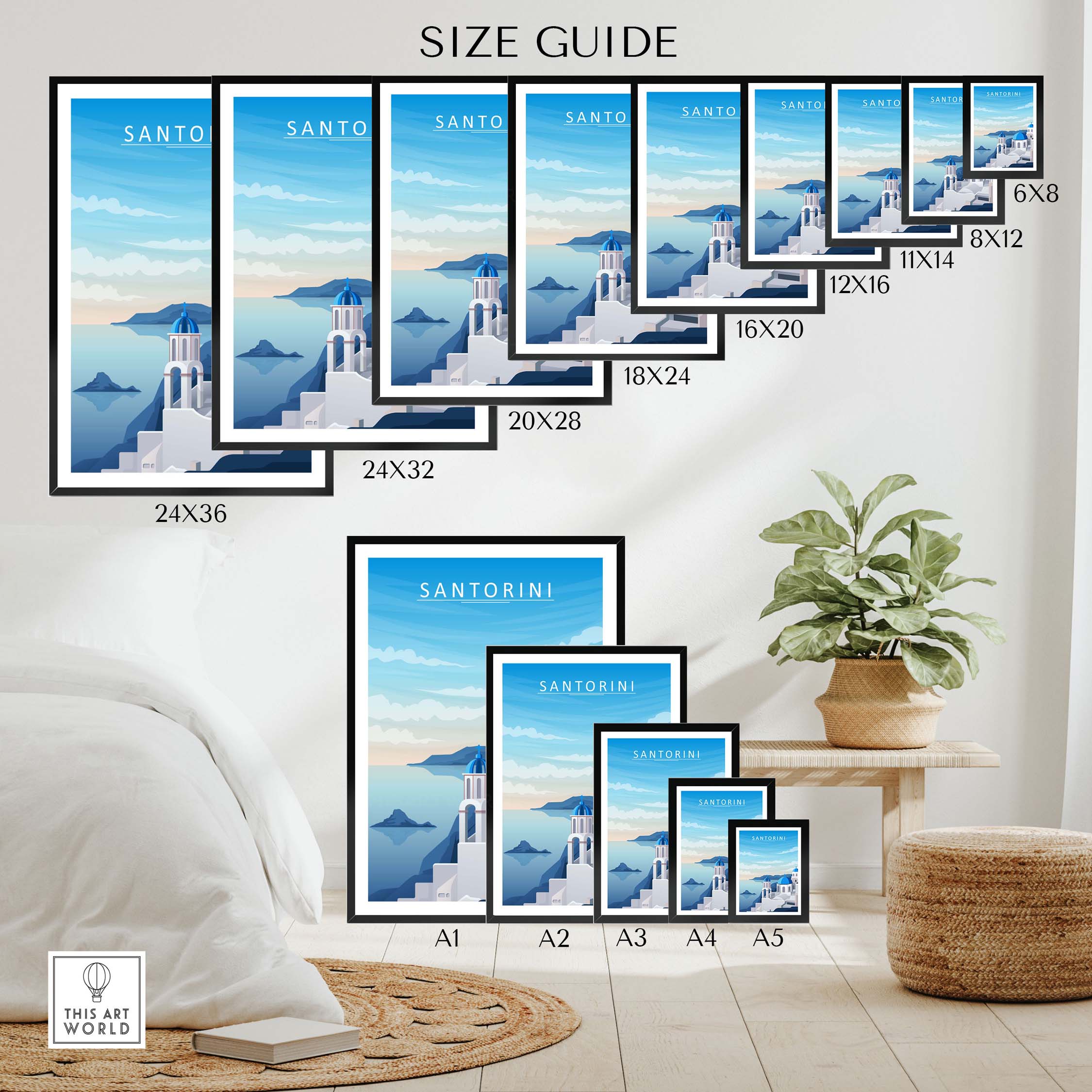 Size guide for Santorini print wall art showing various frame sizes and styles in a modern interior setting.