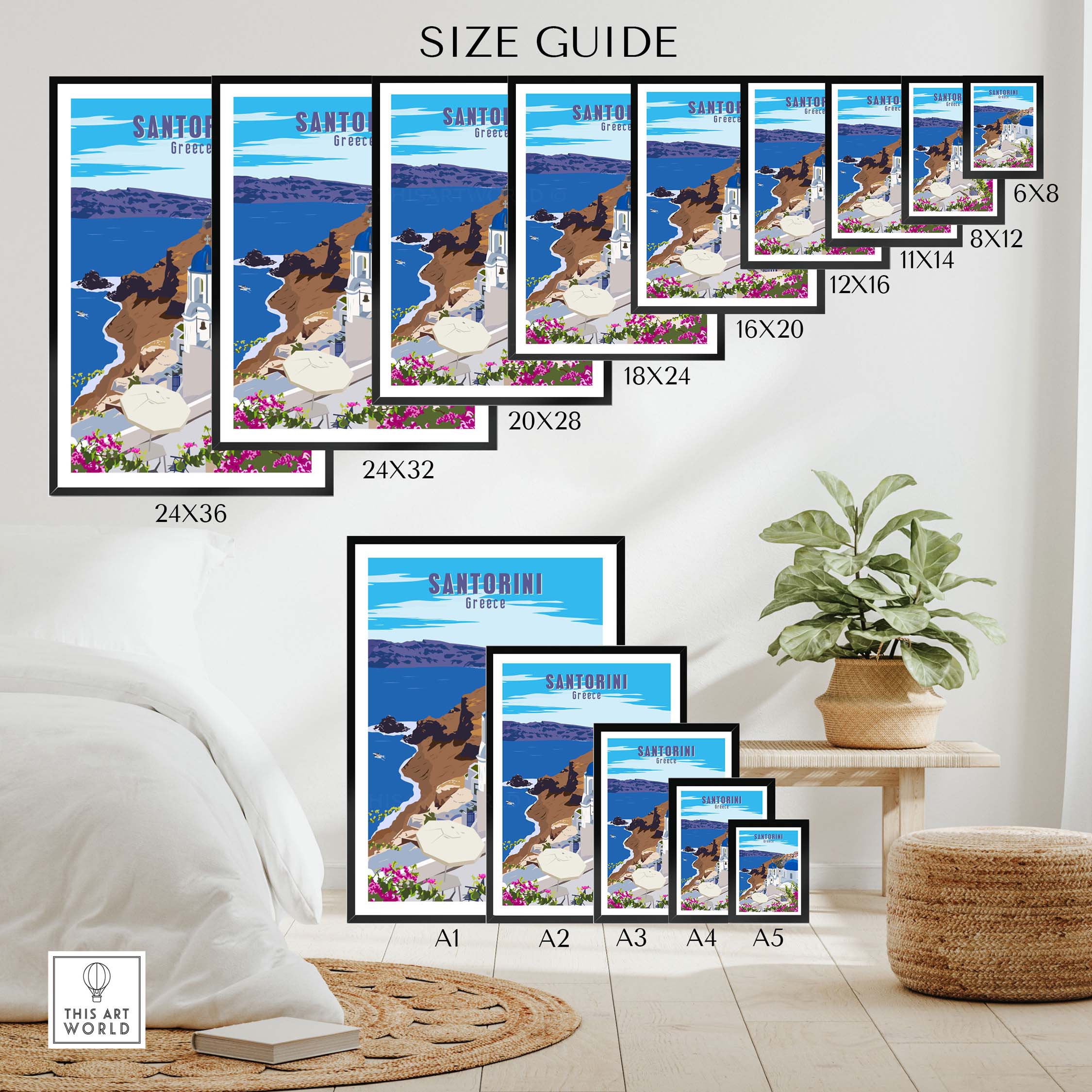 Santorini Poster Print size guide featuring various frame options for stylish wall art in different dimensions.