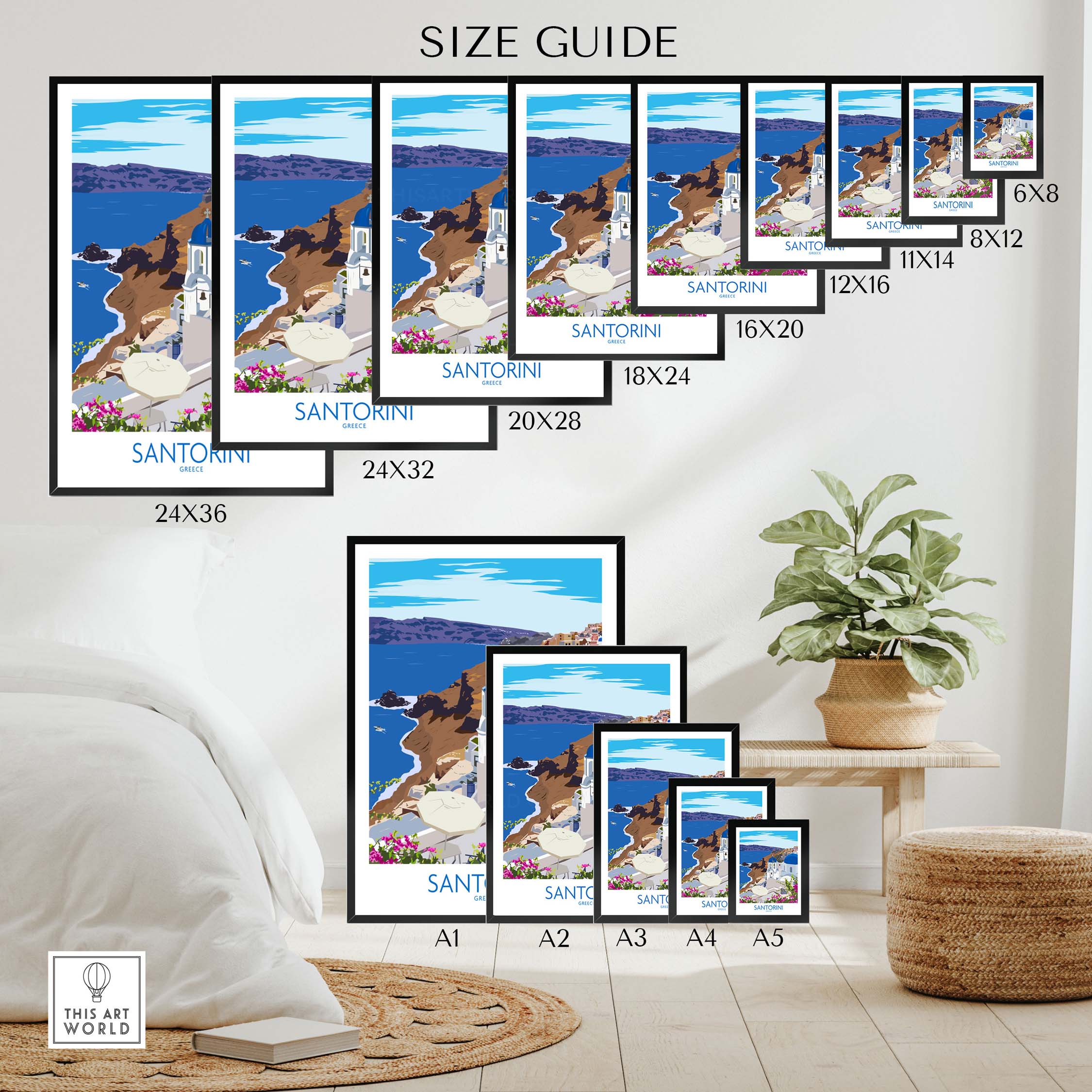 Size guide for Santorini Print Travel Posters displayed in various frame sizes, showcasing vibrant island art.