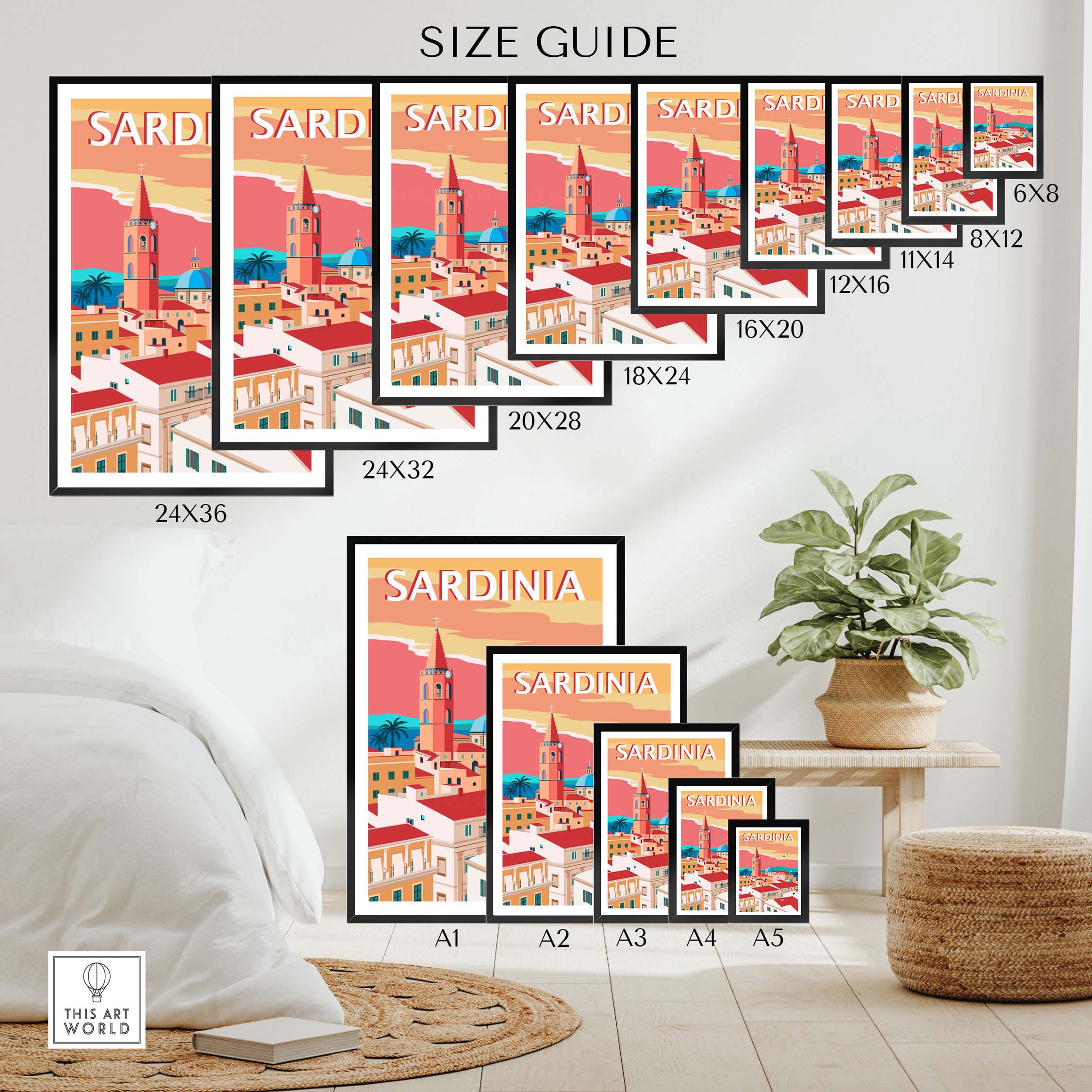 Sardinia Poster Print size guide showcasing various frame sizes and styles, perfect for home or office decor.
