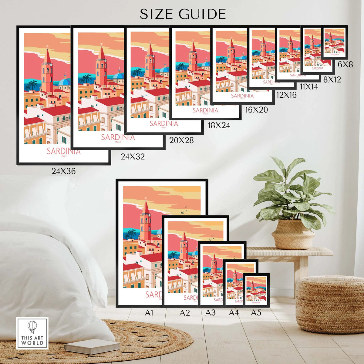 Sardinia Print Italy Travel Poster size guide with framed and unframed options for stylish wall art.
