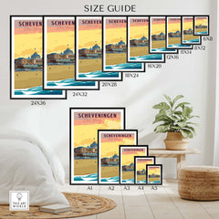 Size guide featuring various Scheveningen Poster sizes for home decor options.