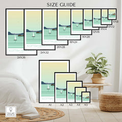Size guide for Scottish Highlands art print with various frame dimensions and a coastal scene featuring sailboats.