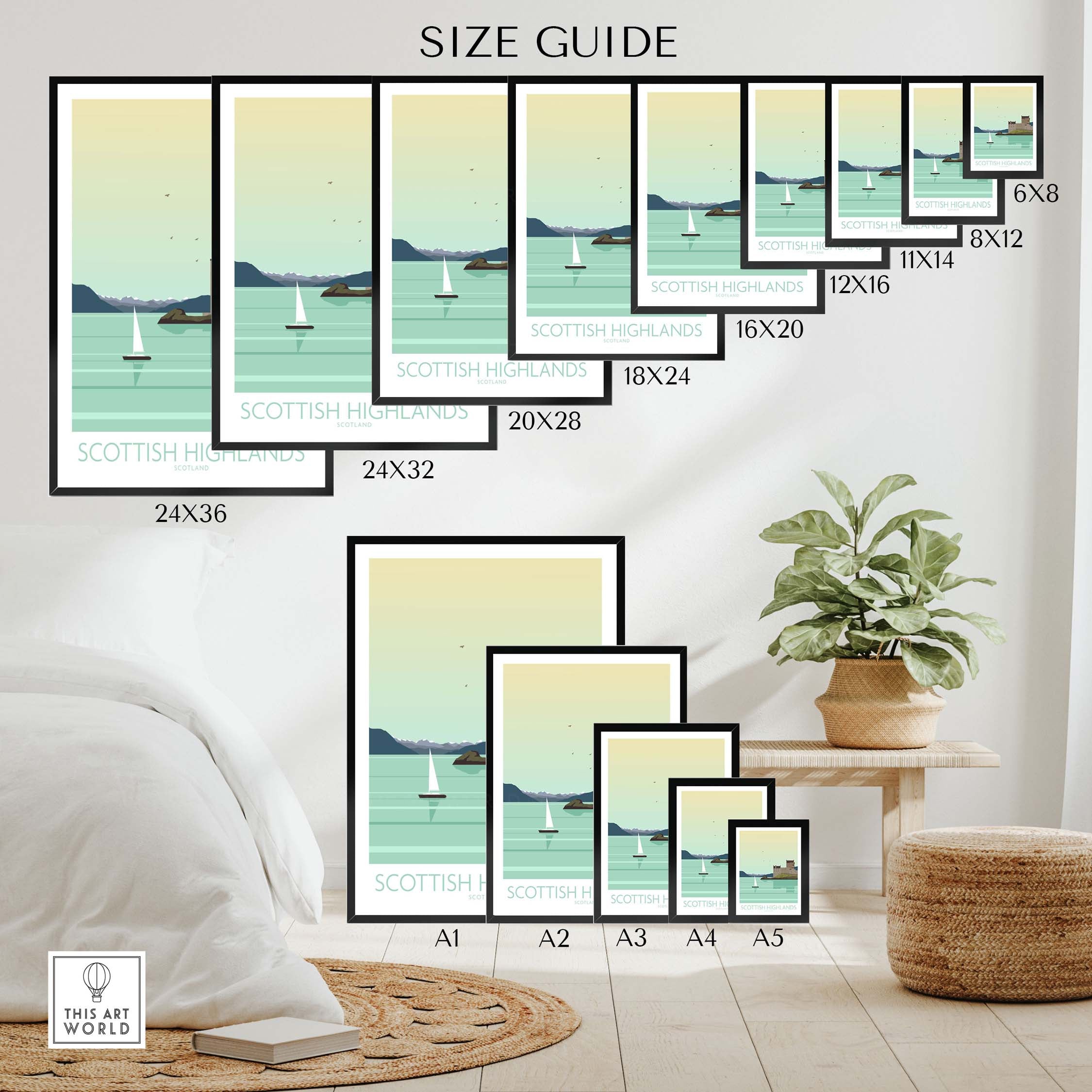 Size guide for Scottish Highlands art print with various frame dimensions and a coastal scene featuring sailboats.