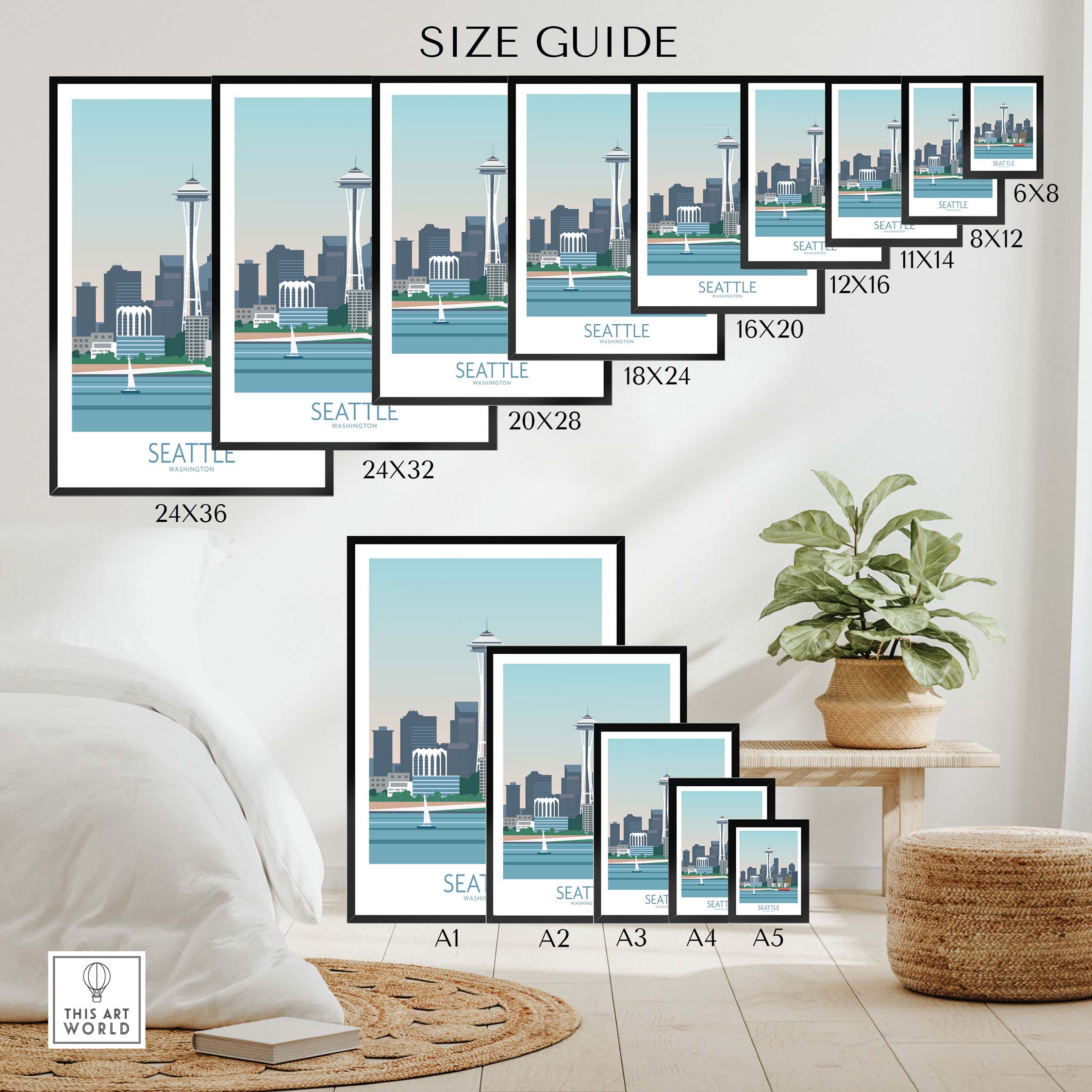 Size guide for Seattle Poster Print with various frame sizes displayed in a stylish room setting.