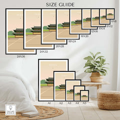 Seoul Poster Print South Korea size guide with framed options showcasing various dimensions and vintage artwork style.